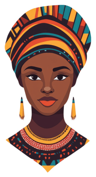 A vibrant illustration of an african woman adorned with traditional headwrap and jewelry. png
