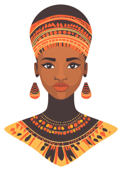 A stylized portrait of an african woman adorned with vibrant tribal patterns. png
