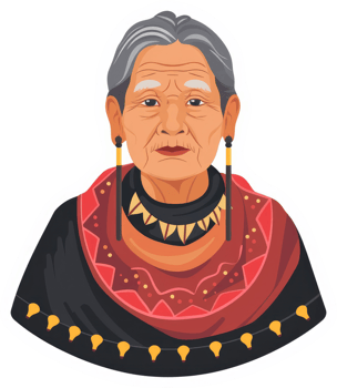 A stylized illustration of an elderly Indigenous woman in traditional attire. png