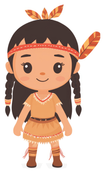 Cute cartoon native american girl in traditional attire. png