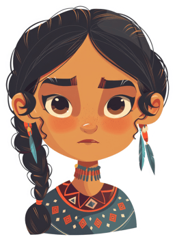 A young Native American girl with a thoughtful expression. png