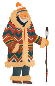 A stylized illustration of an indigenous elder in traditional attire. png