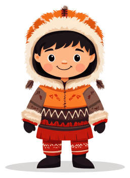 A cheerful cartoon depiction of an inuit child in traditional arctic clothing. png