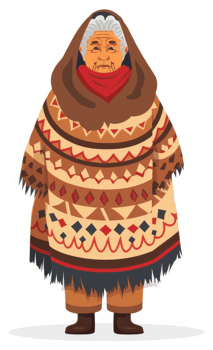 Elderly indigenous woman in traditional poncho. png