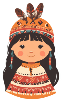 A cheerful illustration of a native american girl in traditional attire. png