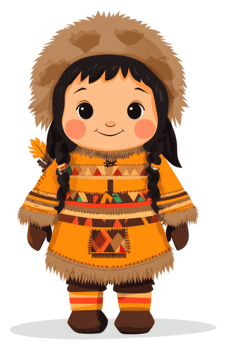 A cartoon depiction of an indigenous girl in traditional arctic clothing. png