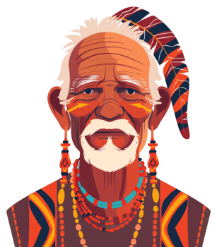 Illustration of a wise tribal elder adorned with traditional ornaments. png