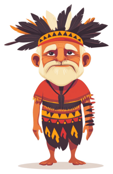 A stylized illustration of an indigenous elder, adorned with traditional tribal attire and headdress. png