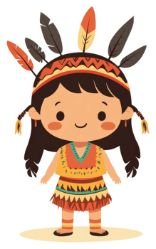 A cute cartoon native american girl in traditional attire. png