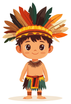 A young child wearing traditional tribal clothing and a colorful feather headdress. png