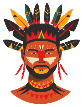 A stylized portrait of a tribal man adorned with vibrant feathers and face paint. png