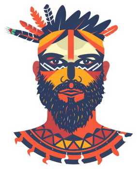 A stylized portrait of a man with tribal face paint and adornments. png