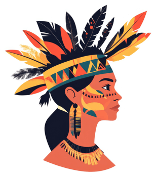 Colorful illustration of an indigenous woman adorned with tribal headwear and face paint. png