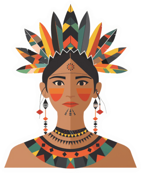 A vibrant illustration of a woman adorned in indigenous tribal jewelry and headdress. png