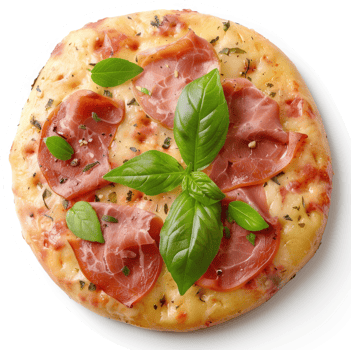 A delicious round pizza topped with prosciutto and fresh basil. png