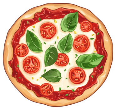 A delicious illustration of a Margherita pizza with fresh basil and cherry tomatoes. png