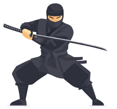 A ninja warrior in a dynamic fighting stance, wielding a katana. png