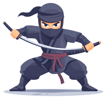 A cartoon ninja warrior wielding two swords in a dynamic stance. png