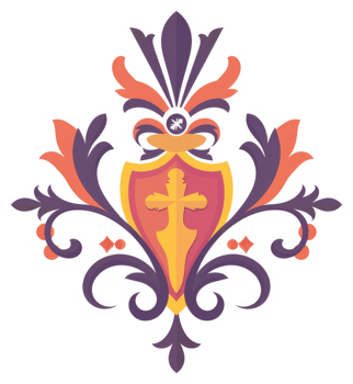 Ornate decorative design with a shield and stylized floral motifs. png