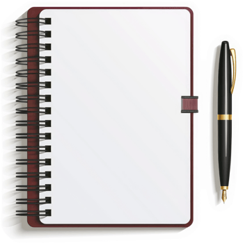 A burgundy spiral-bound notebook with a black pen beside it. png