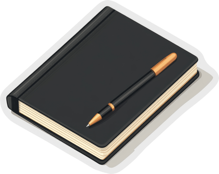 A black notebook with a gold pen resting beside it. png