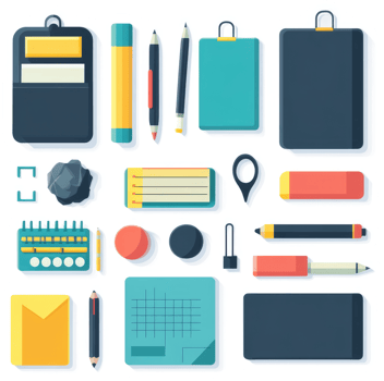 A collection of various stationery items for office or creative use. png