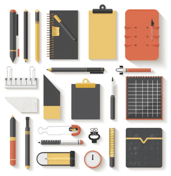 A collection of assorted stationery items, from pens and pencils to notebooks and clips. png