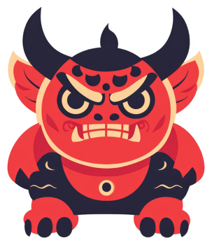 A stylized illustration of a fierce, red demon with horns and a menacing expression. png