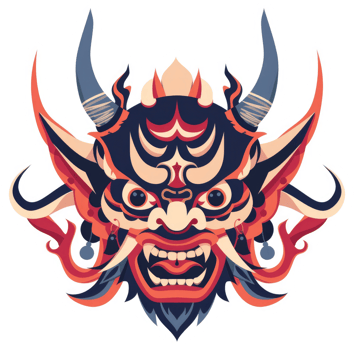 A vibrant illustration of a stylized demon mask with intricate details. png