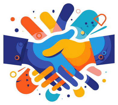 A colorful illustration of two hands shaking, symbolizing partnership and collaboration. png