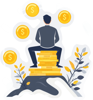A businessman sits atop a mountain of gold coins, surrounded by money symbols. png