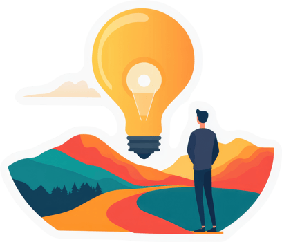 A person contemplating innovative ideas amidst a picturesque landscape, illuminated by a large lightbulb. png