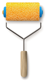 A depiction of an orange paint roller with a wooden handle. png