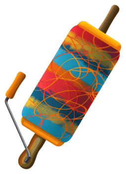 A vibrant paint roller with abstract colorful designs. png