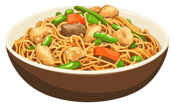 A bowl of flavorful chicken and vegetable stir-fried noodles. png