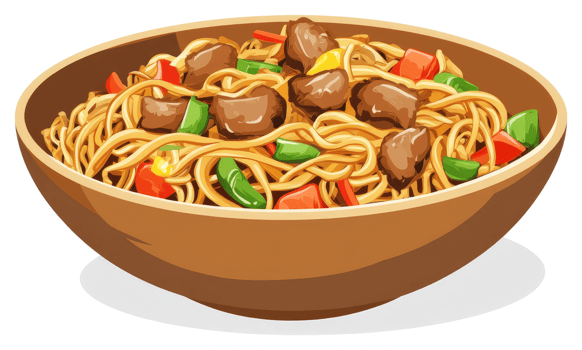 A hearty bowl of stir-fried noodles with beef and vegetables. png