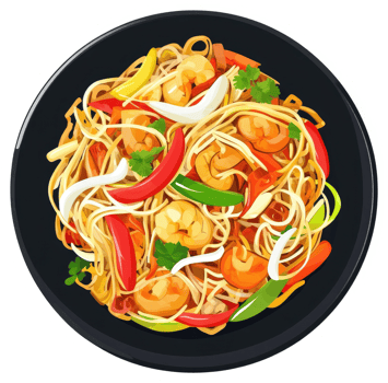A vibrant dish of stir-fried noodles with shrimp and vegetables. png