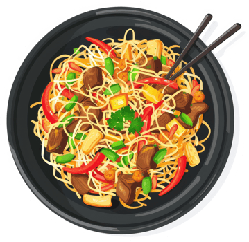 Colorful stir-fried noodles with beef, vegetables, and tofu. png