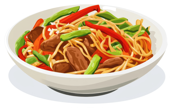 A bowl of savory beef stir-fry noodles with vegetables. png