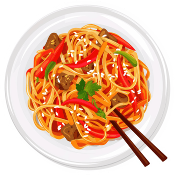 A plate of delicious beef and vegetable lo mein noodles. png