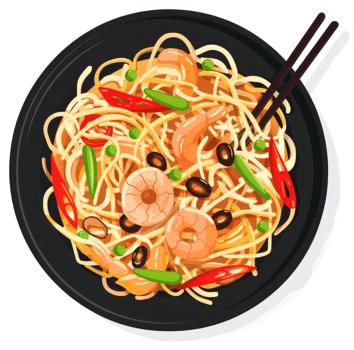 A delicious dish of shrimp stir-fry noodles with vegetables. png