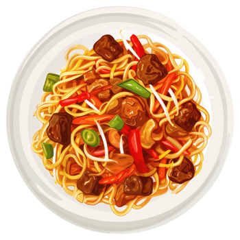 A plate of savory beef chow mein noodles. png