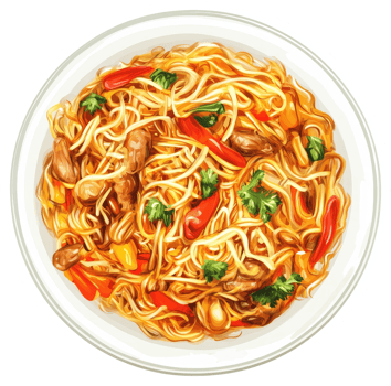 A vibrant dish of stir-fried noodles with meat and vegetables. png