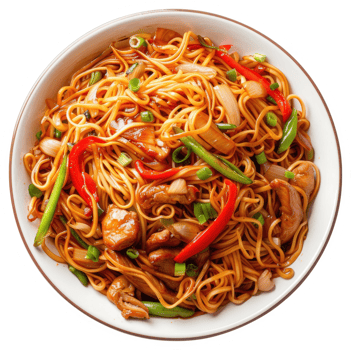 A flavorful bowl of chicken stir-fry noodles with vegetables. png