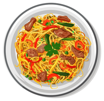 A plate of delicious stir-fried noodles with beef and vegetables. png