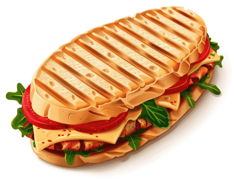 A delicious grilled panini sandwich with cheese, bacon, and vegetables. png