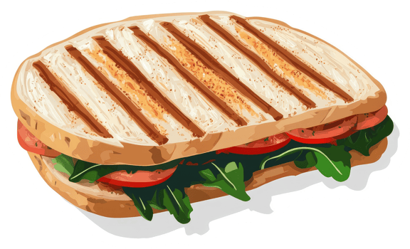 Grilled panini sandwich with tomato and arugula. png