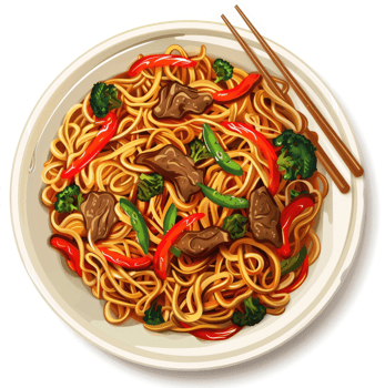 A plate of flavorful beef chow mein noodles with vegetables. png