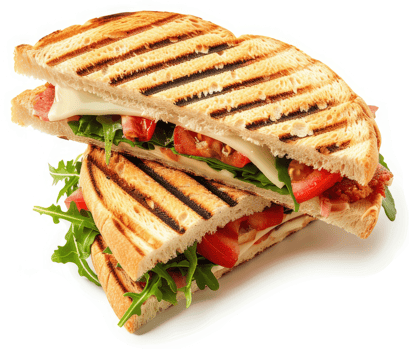 Two grilled cheese sandwiches layered with bacon, tomatoes, and arugula. png