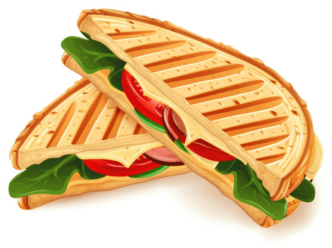 A grilled cheese sandwich with ham, tomato, and spinach. png